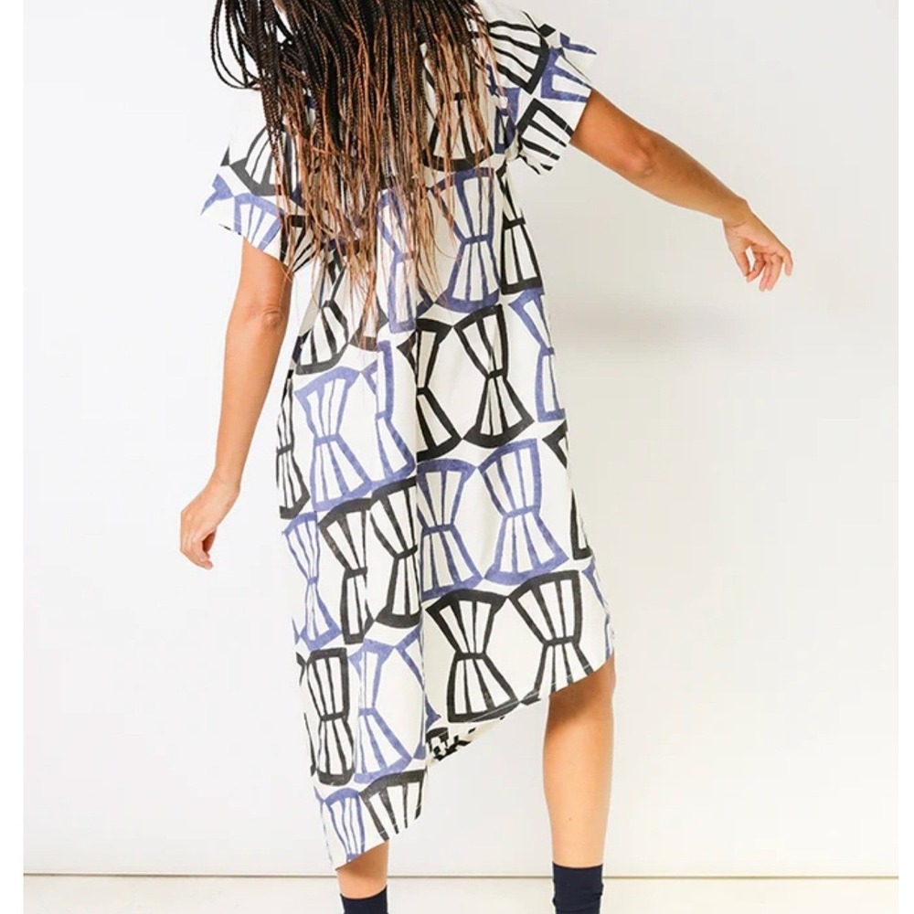 Seek Collective Leta Bialetti Geo Print Asymmetrical Hem Midi Dress,Cream Blue,L